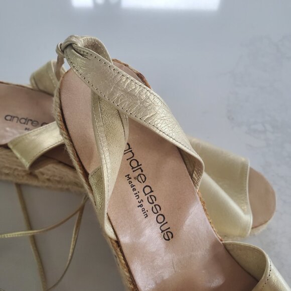 Andre Assous New Gold Ankle Tie Leather Platform Espadrilles made in Spain   9.5 - Picture 6 of 16